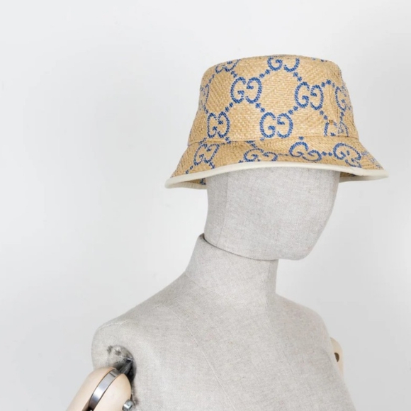 Nwt. Gucci bucket hat . M ,beige raffia blue GG .lined - Picture 6 of 8